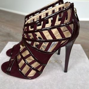 Jimmy Choo suede/patent peep toe sandal